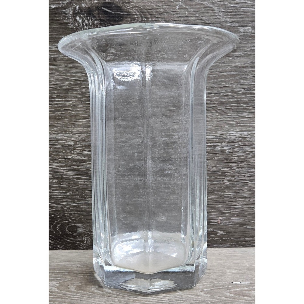 Pressed-Clear Glass Vase Hexagon Flared Rim Mid Century Modern Flower Decor